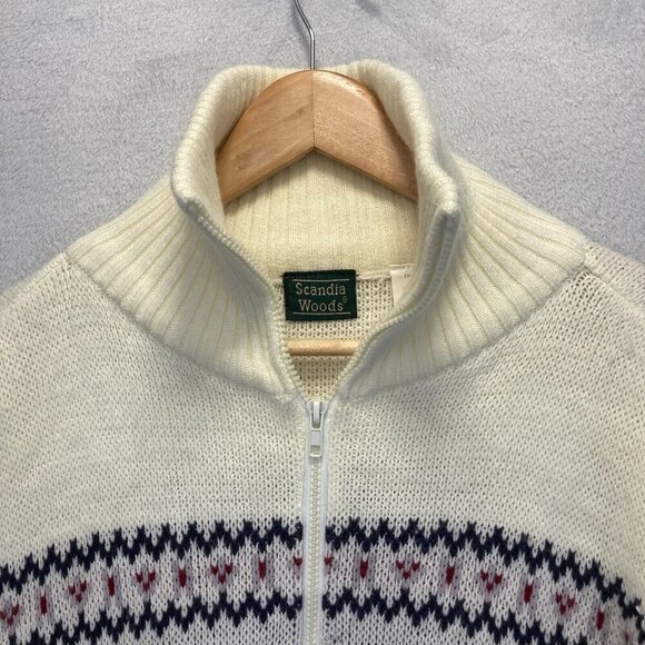 Scandia Woods Full Zip Cardigan Sweater Mens Large L Nordic Deer Knit White VTG - Picture 3 of 11